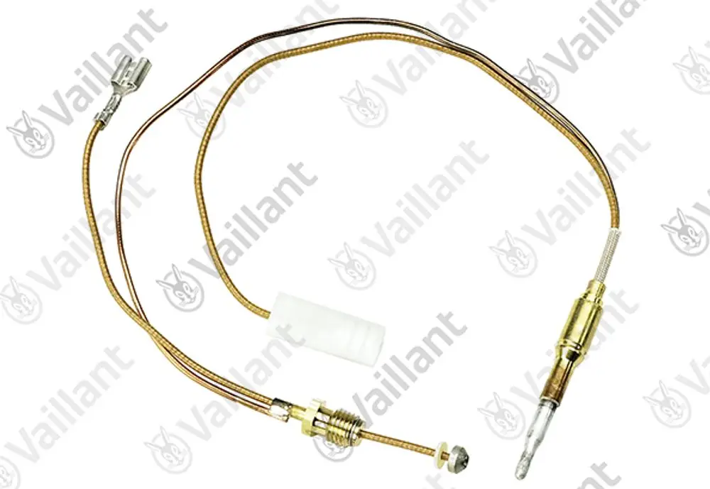 Vaillant Thermoelement mit zwei Leitungen, einem Verbindungselement und einem goldfarbenen Anschluss. Dient zur Temperaturmessung bzw. -regelung.